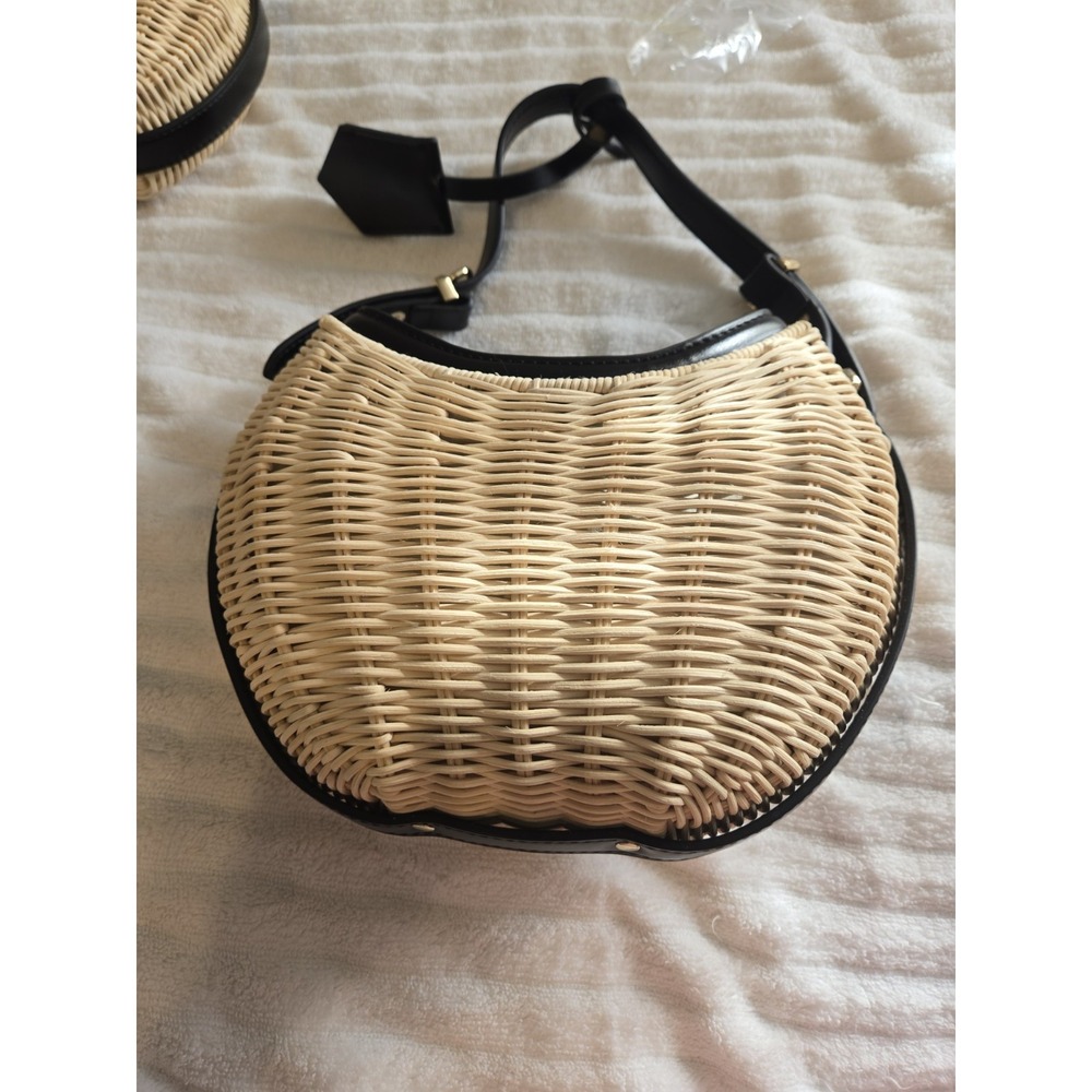 Loulu Woven Mini Wicker Bag Blk Faux Leather Trim Top Handle Crossbody Strap (F) - Picture 5 of 9
